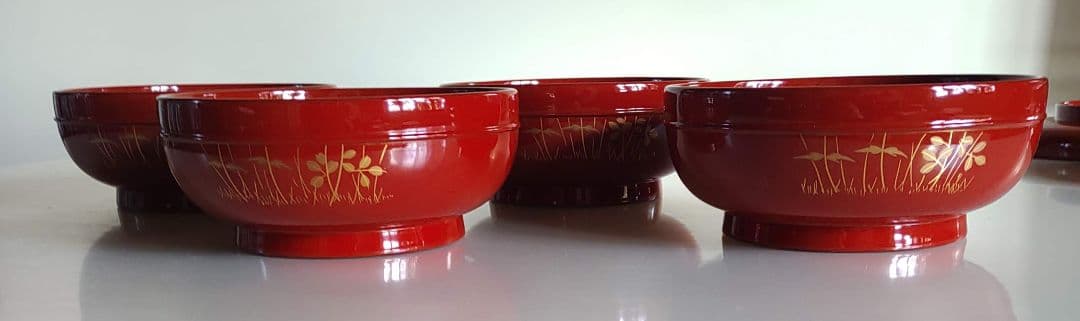 輪島塗　朱塗 大平椀　磨蒔絵 秋草の図　4客