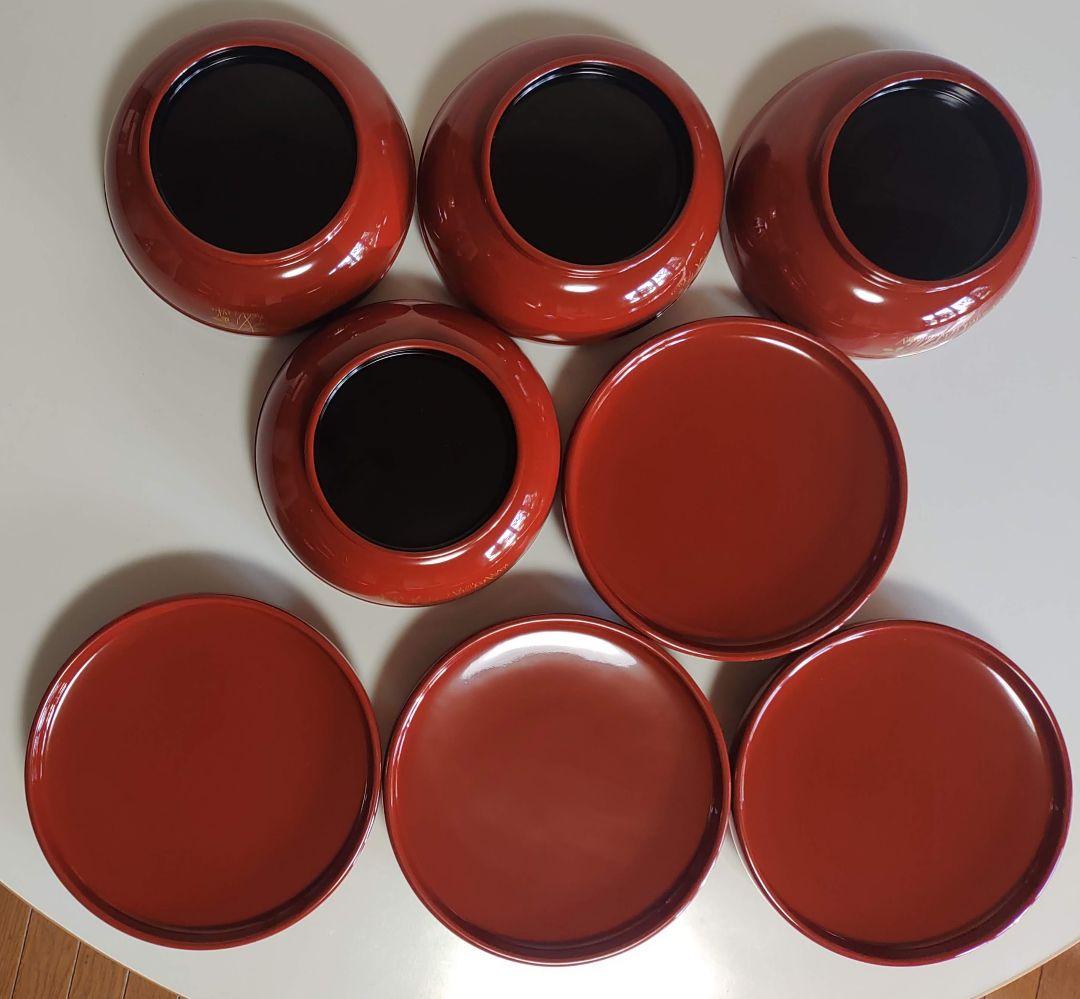 輪島塗　朱塗 大平椀　磨蒔絵 秋草の図　4客