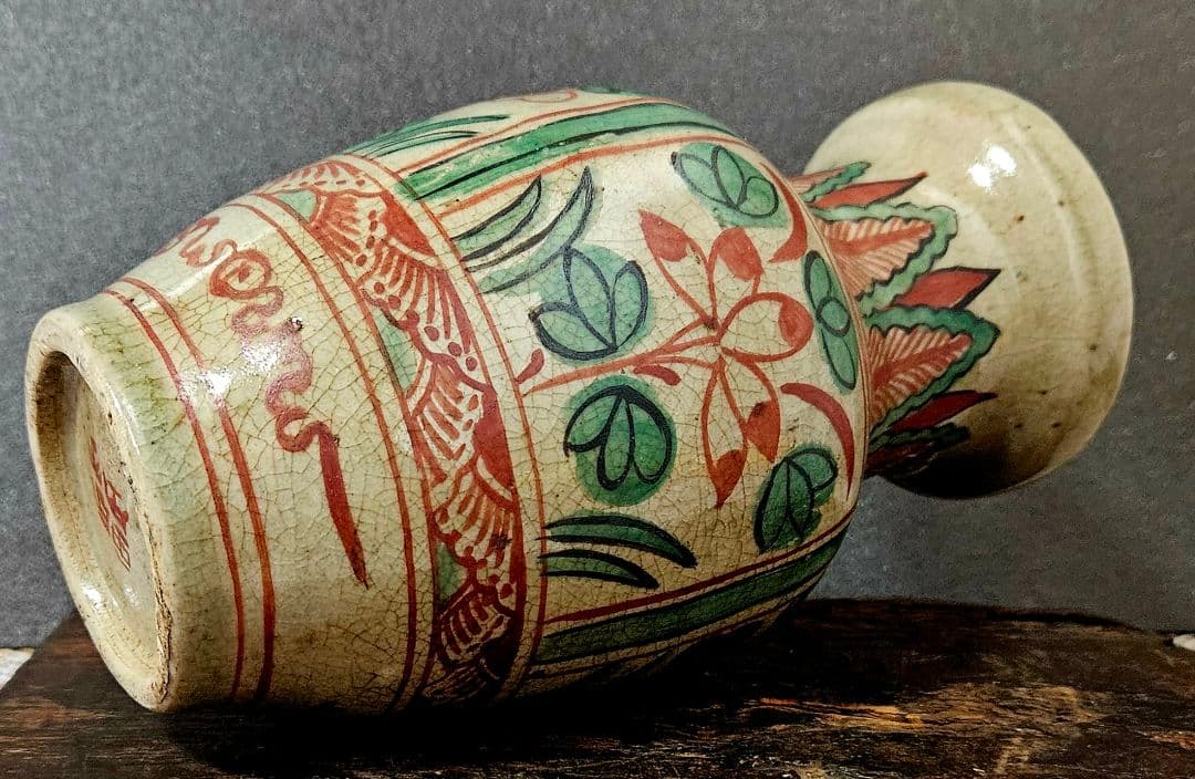 古代中国　明代～清代頃　古赤絵　天啓赤絵 四面花文様　広口壺　罐　花入れ　茶道具