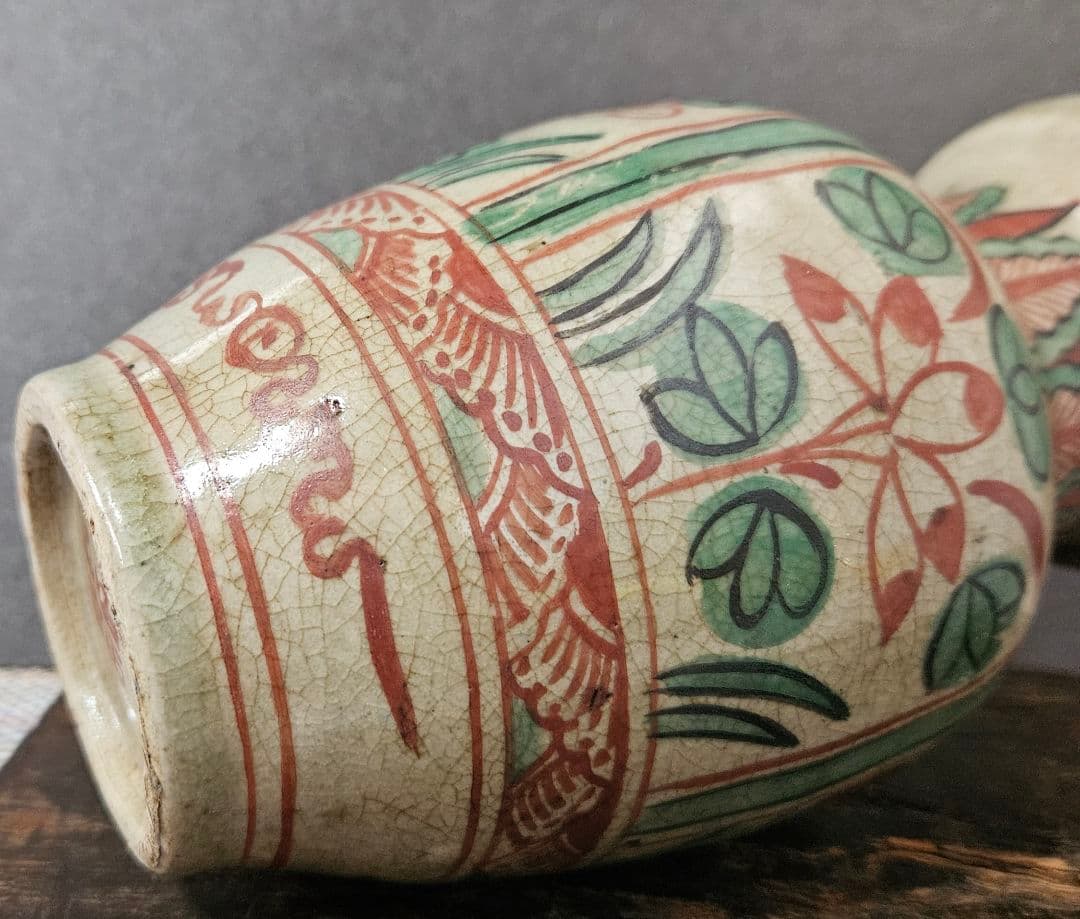 古代中国　明代～清代頃　古赤絵　天啓赤絵 四面花文様　広口壺　罐　花入れ　茶道具