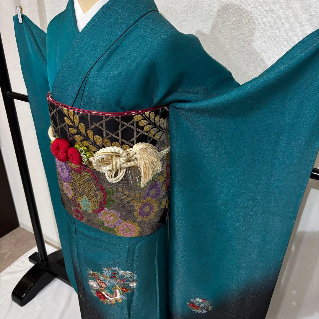 【豪華】振袖　青緑　刺繍　スワトウ　成人式　正絹　身丈154 裄丈65 f7