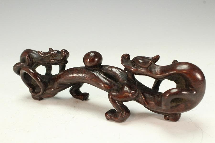 中国美術 古竹 刻 双龍 筆架17.5cmx3.5cm文房四宝(K-HA477)