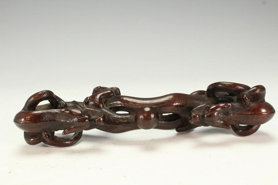 中国美術 古竹 刻 双龍 筆架17.5cmx3.5cm文房四宝(K-HA477)