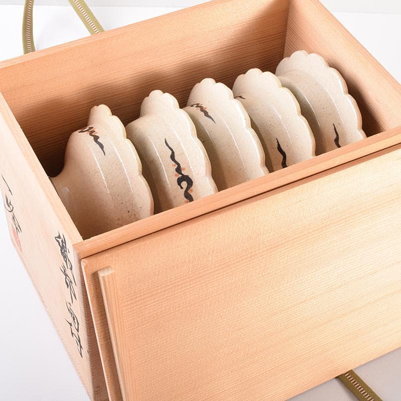 和食器　向井一峰作　織部向付　台皿　五客　共布共箱　M　R7606