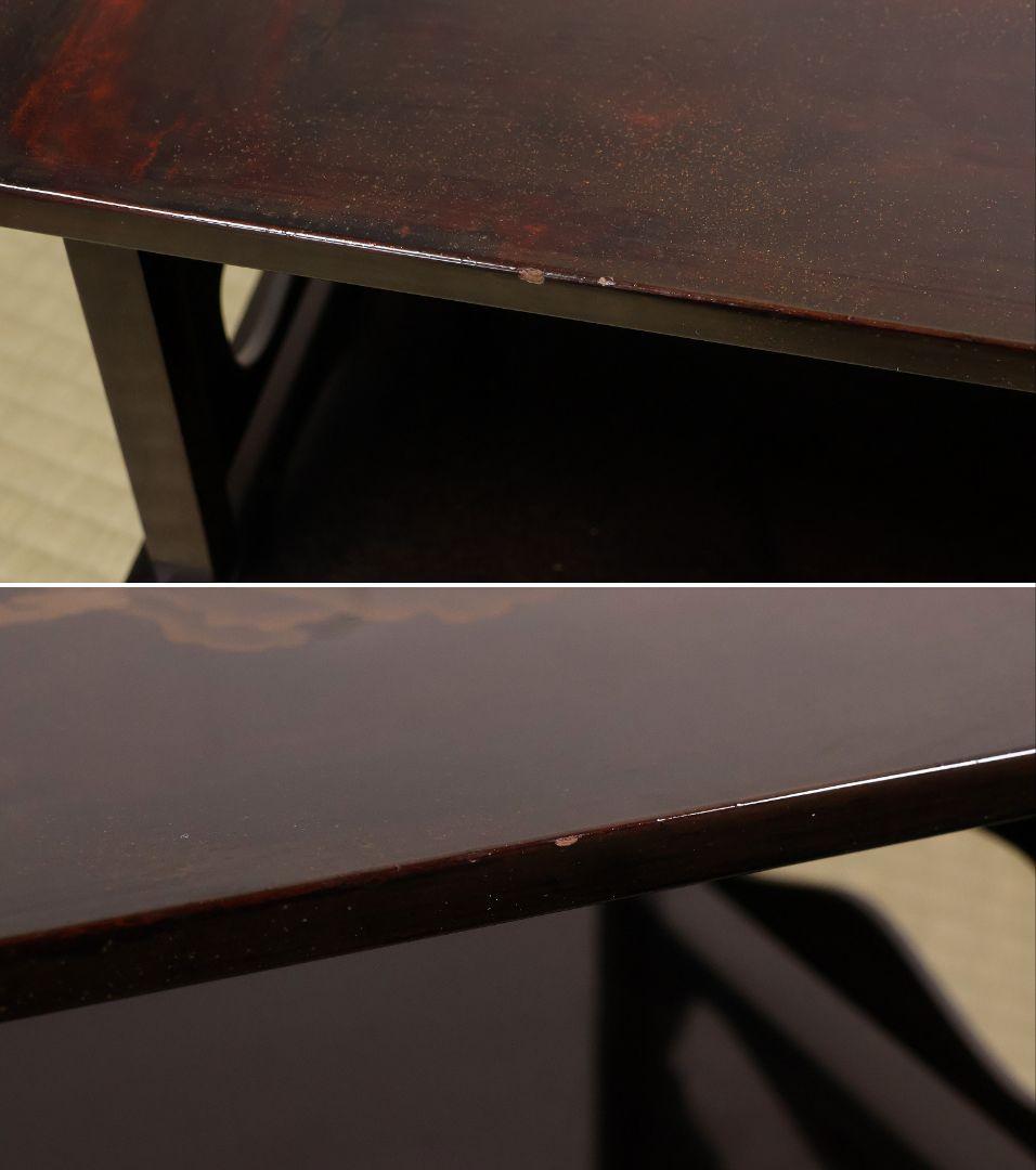 時代 楼閣山水蒔絵 総梨地 冠卓 二段卓 木製 覆輪 金蒔絵 花台【MA662】