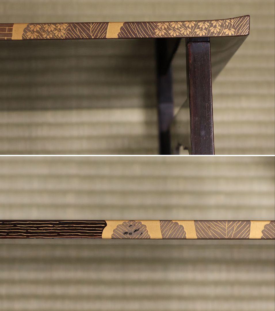 時代 楼閣山水蒔絵 総梨地 冠卓 二段卓 木製 覆輪 金蒔絵 花台【MA662】