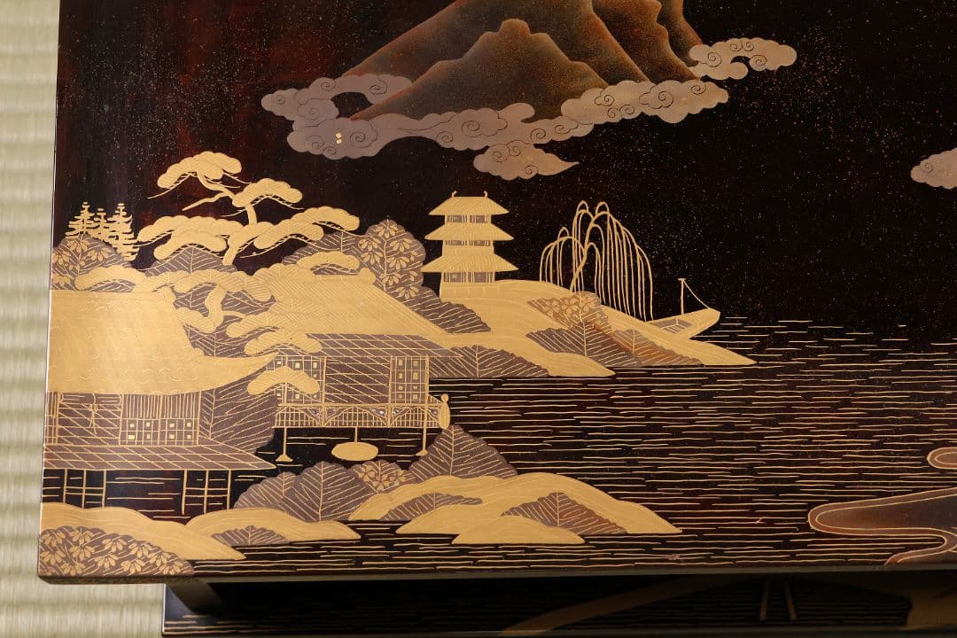 時代 楼閣山水蒔絵 総梨地 冠卓 二段卓 木製 覆輪 金蒔絵 花台【MA662】