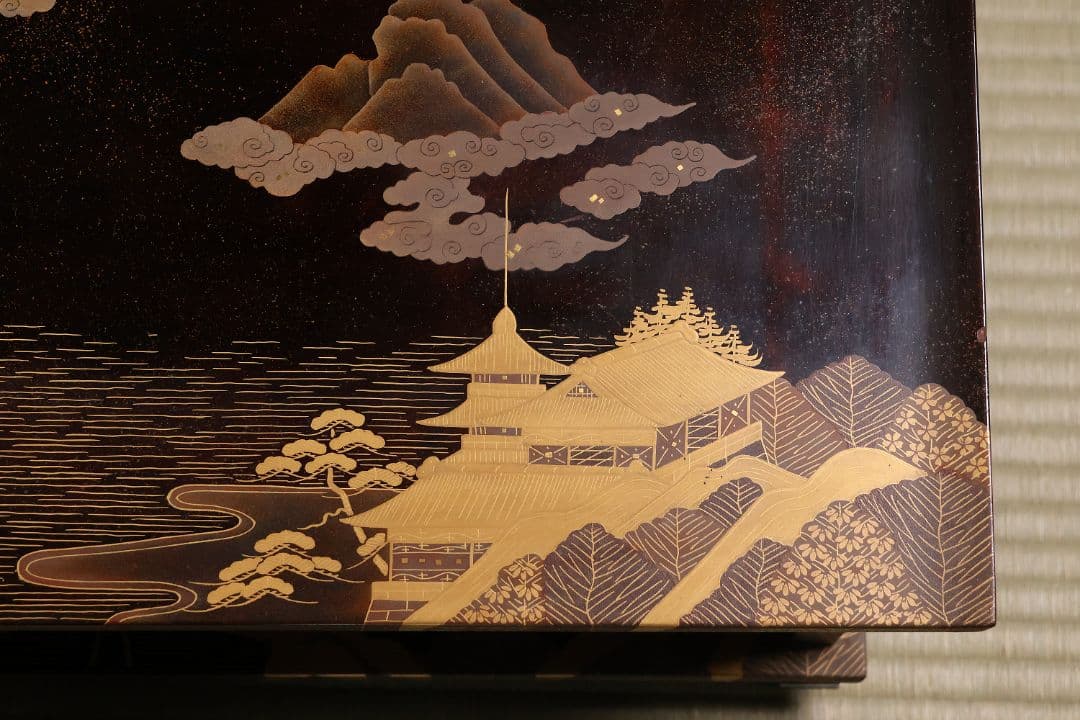 時代 楼閣山水蒔絵 総梨地 冠卓 二段卓 木製 覆輪 金蒔絵 花台【MA662】