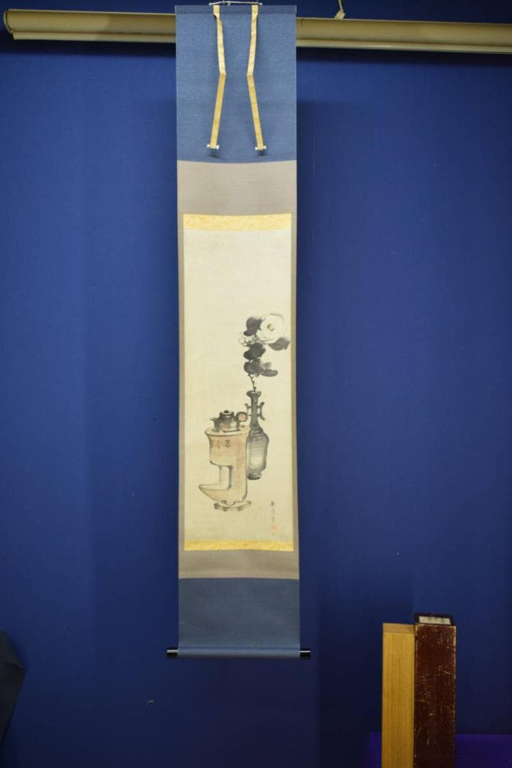 真作/幸野楳嶺/椿図/煎茶/花瓶/桐箱二重箱付/布袋屋掛軸HG-275