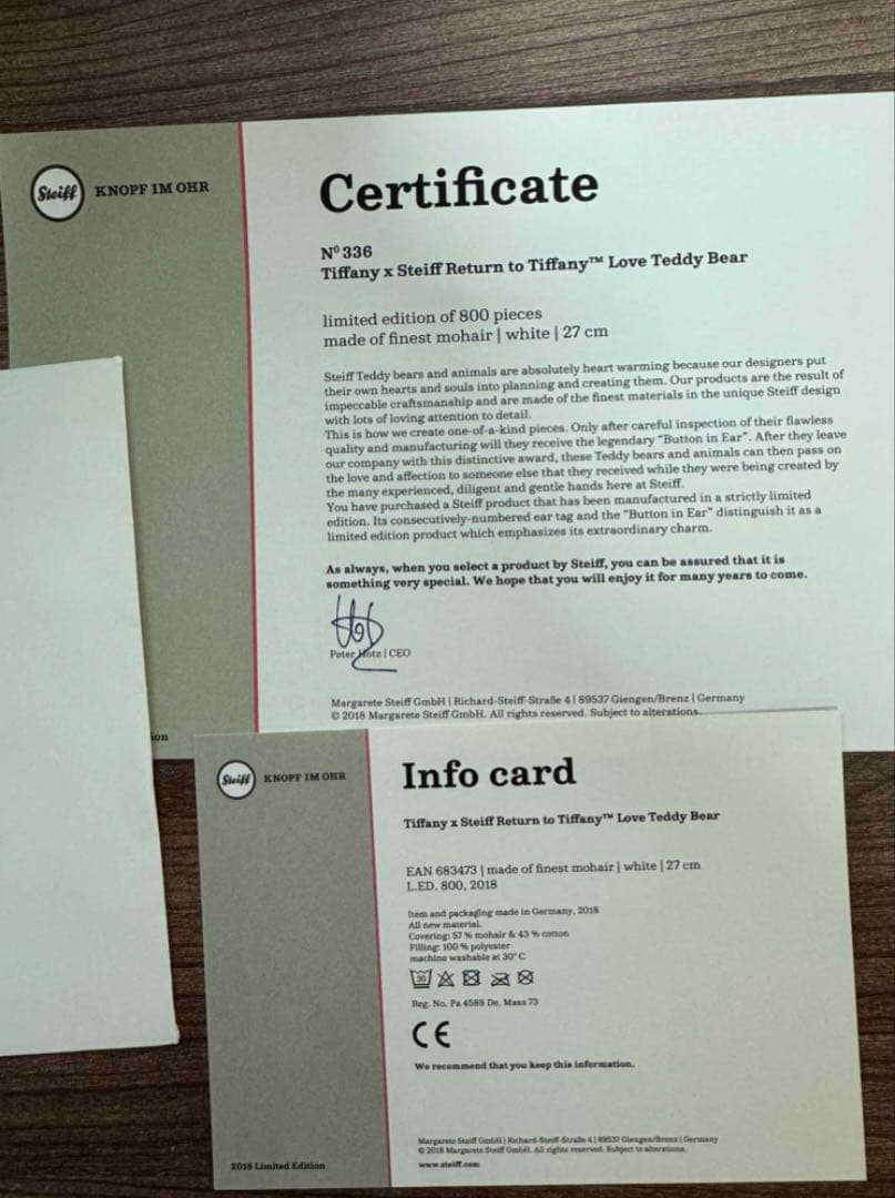 希少 極美品 ティファニーシュタイフ テディベア Tiffany ベア　2018