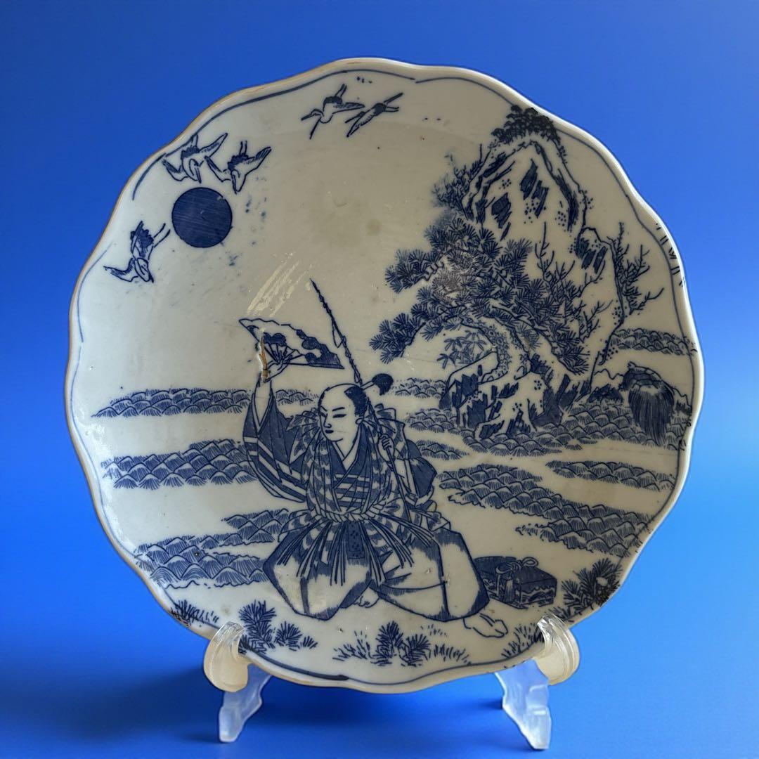 古伊万里 染付 輪鼻皿 人物文様 皿 アンティーク 鶴文 花形皿 かざりさら