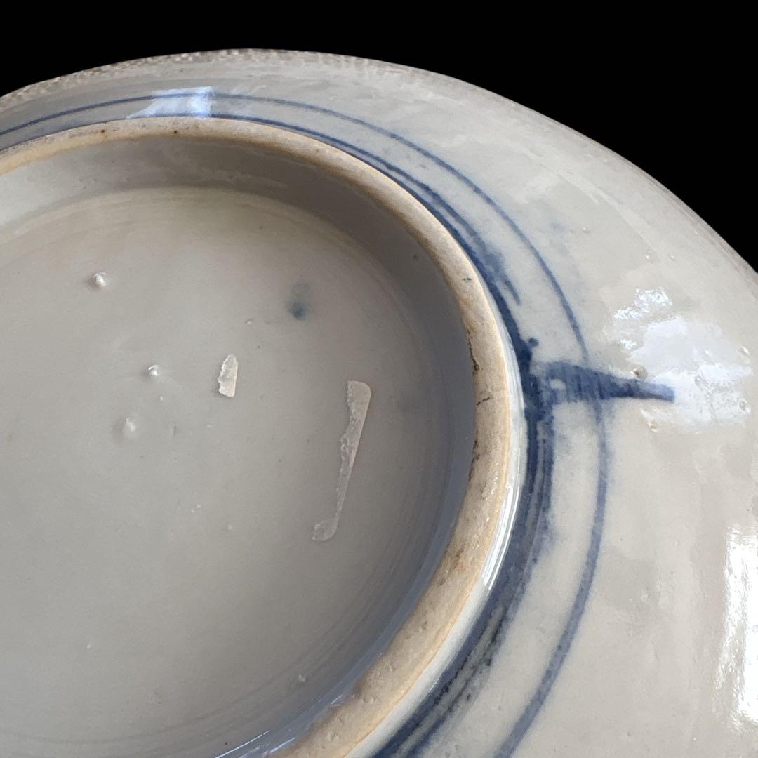 古伊万里 染付 輪鼻皿 人物文様 皿 アンティーク 鶴文 花形皿 かざりさら