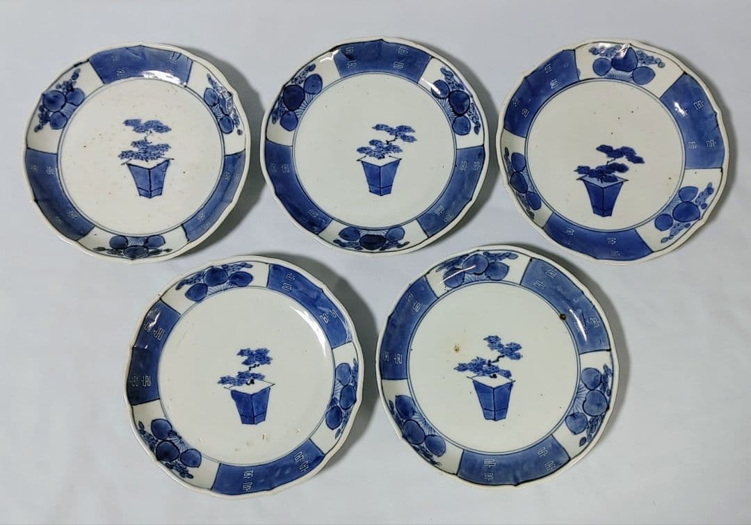 古伊万里、盆栽図六寸皿　５枚