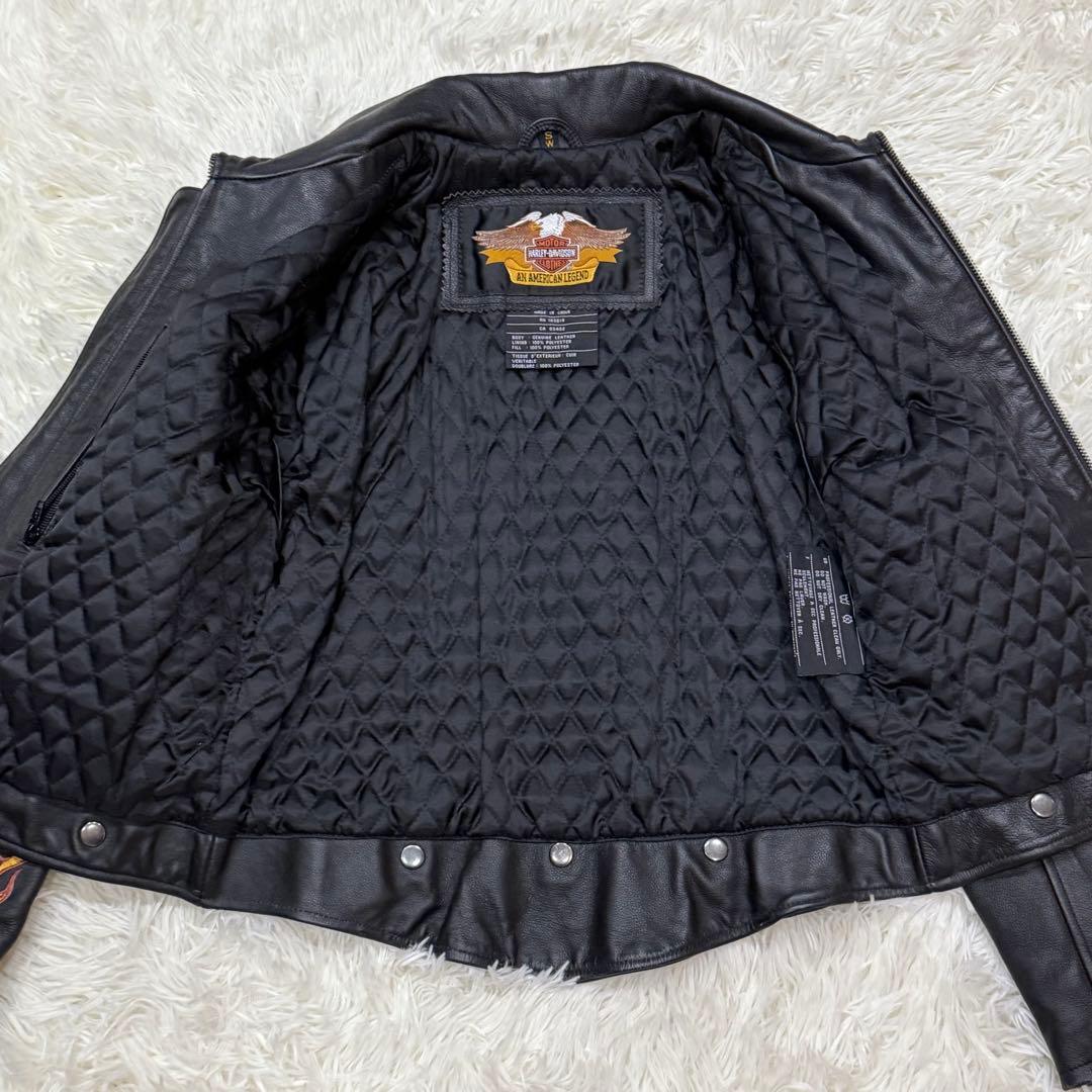ハーレーダビッドソン　シングルライダースジャケット　S　ファイヤーパターン　刺繍