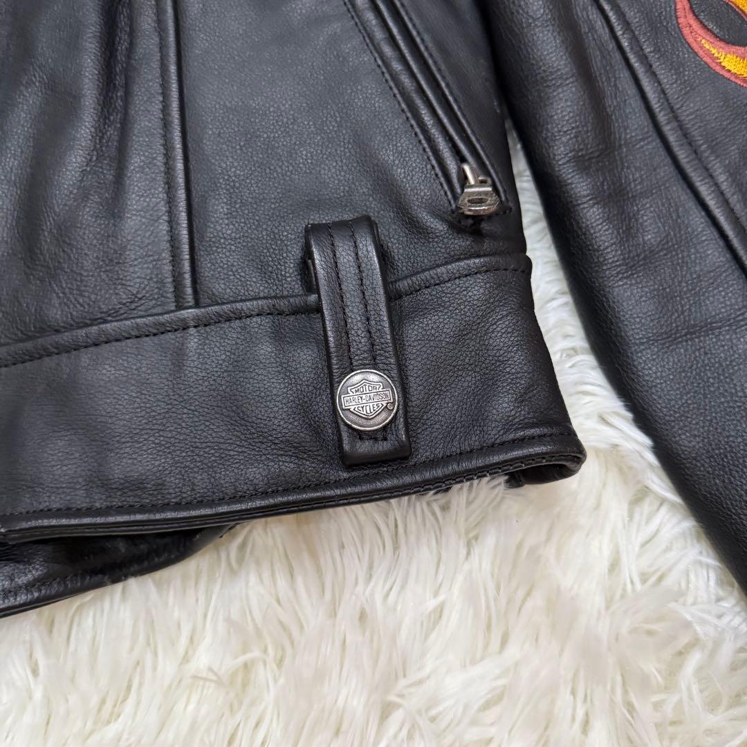 ハーレーダビッドソン　シングルライダースジャケット　S　ファイヤーパターン　刺繍