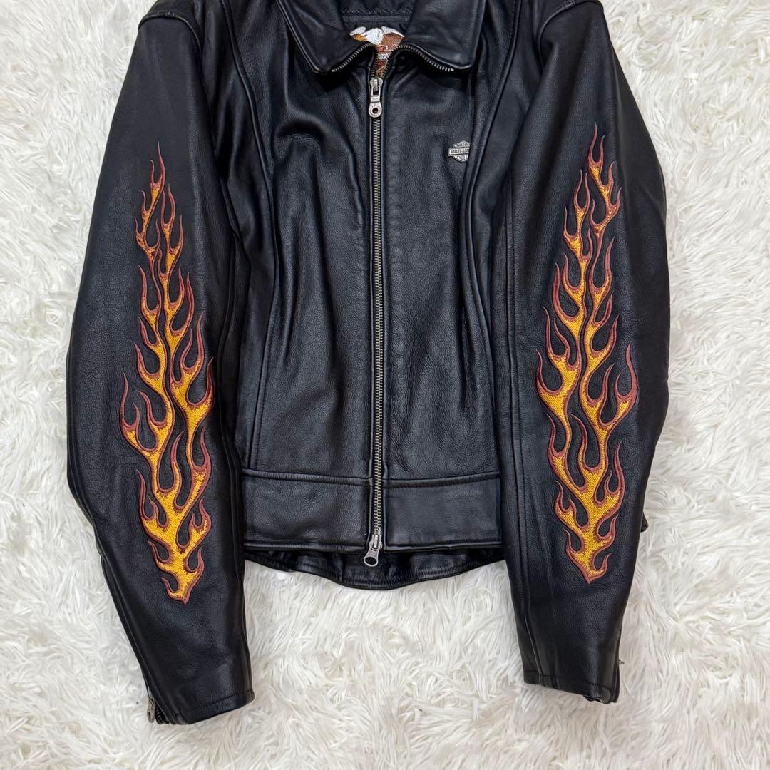 ハーレーダビッドソン　シングルライダースジャケット　S　ファイヤーパターン　刺繍