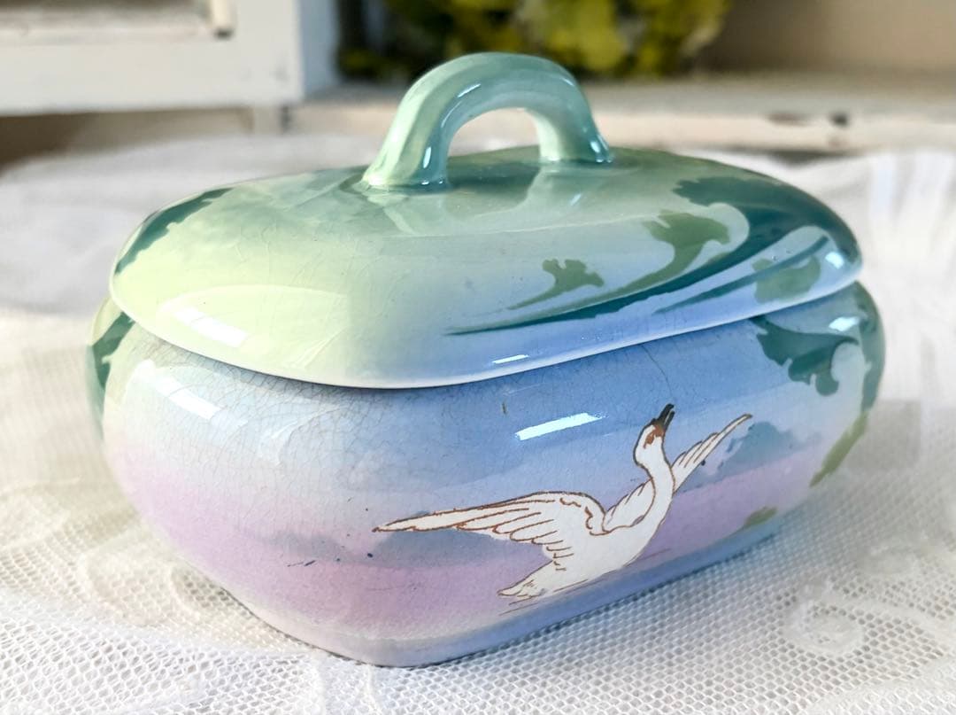 フランスアンティーク 蓋付きケース リュネヴィル窯 スワン 白鳥 小物入れ