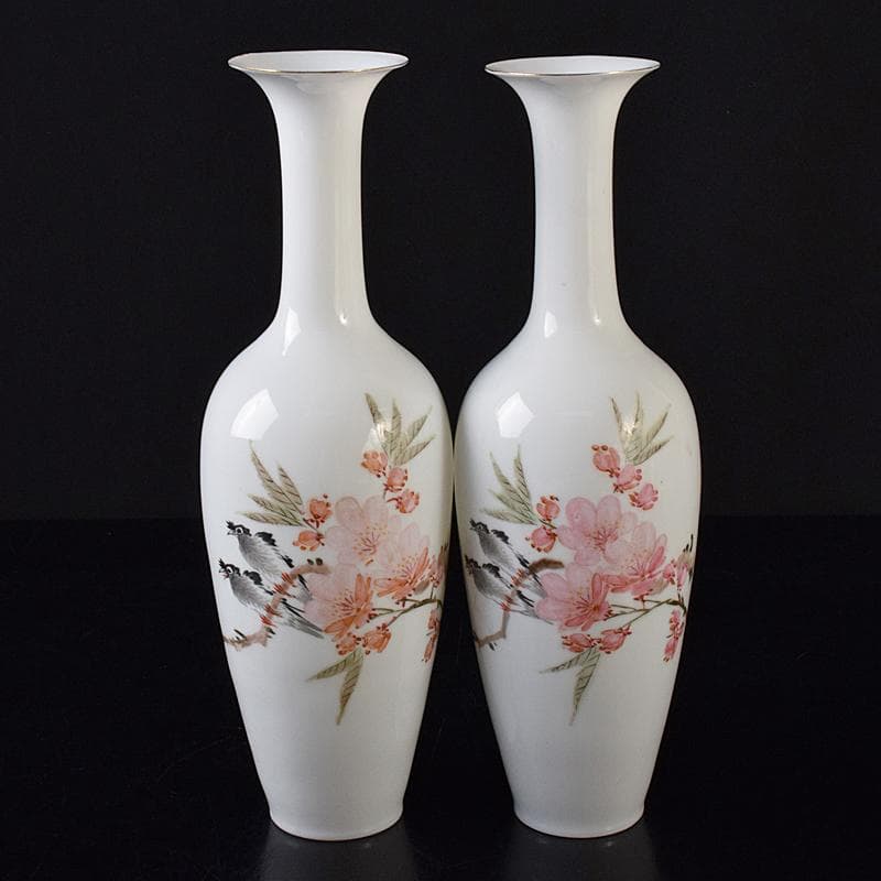 中国　中国景徳鎮製　薄胎　粉彩　漢詩花鳥文瓶　一對　C　R8384