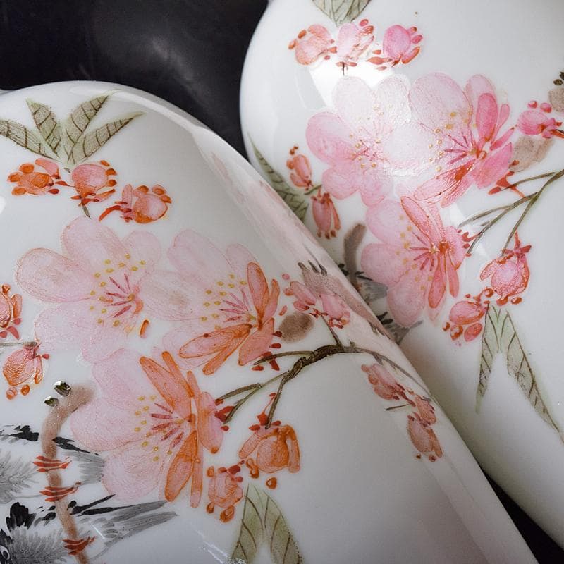 中国　中国景徳鎮製　薄胎　粉彩　漢詩花鳥文瓶　一對　C　R8384