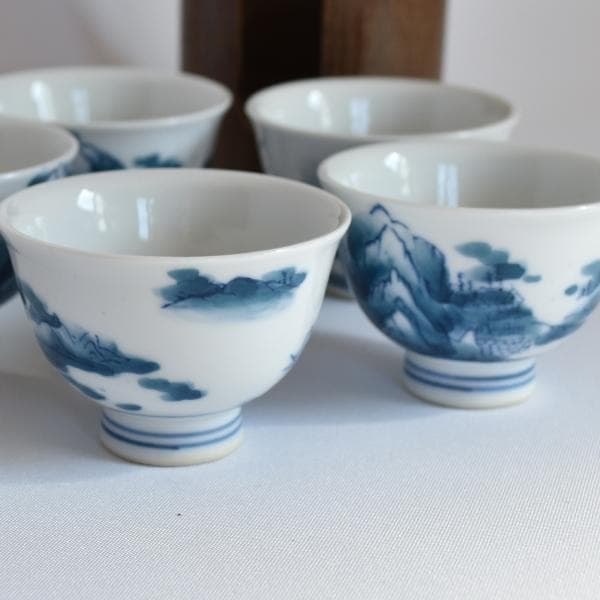 煎茶道 神代タモ碗入＋染付煎茶椀5客セット23