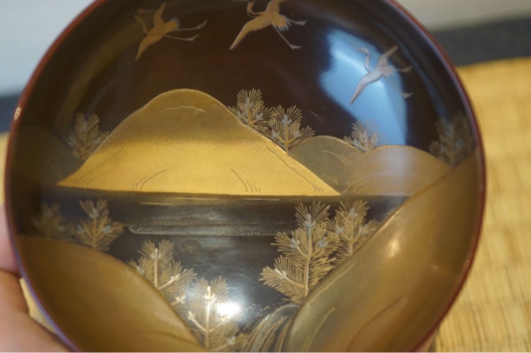 松に鶴・山水図蒔絵 溜塗 吸物椀 2客/ 高級 木製漆器 祝儀 茶懐石