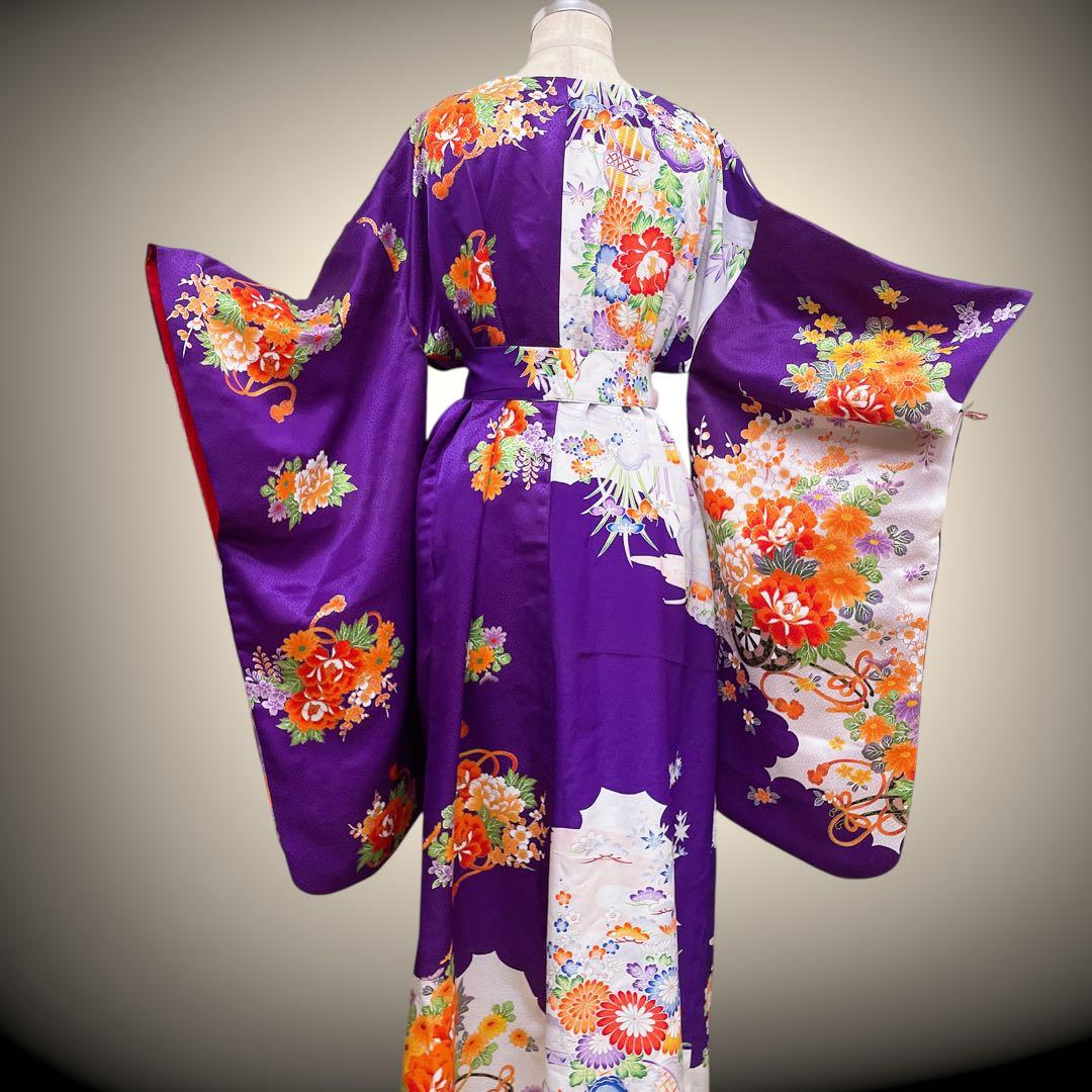 花柄パープル 振袖 着物ガウン 着物リメイク フォーマル 紫 N71118