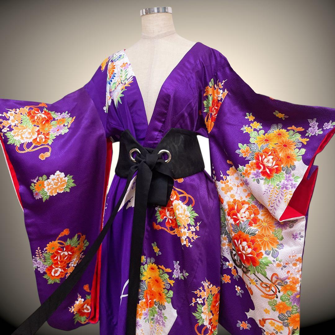 花柄パープル 振袖 着物ガウン 着物リメイク フォーマル 紫 N71118