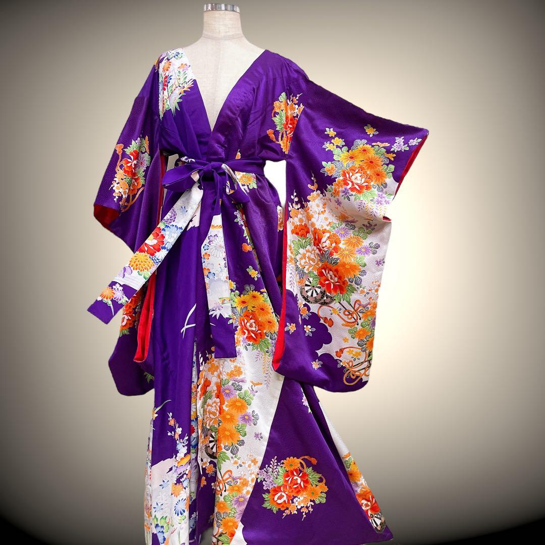 花柄パープル 振袖 着物ガウン 着物リメイク フォーマル 紫 N71118