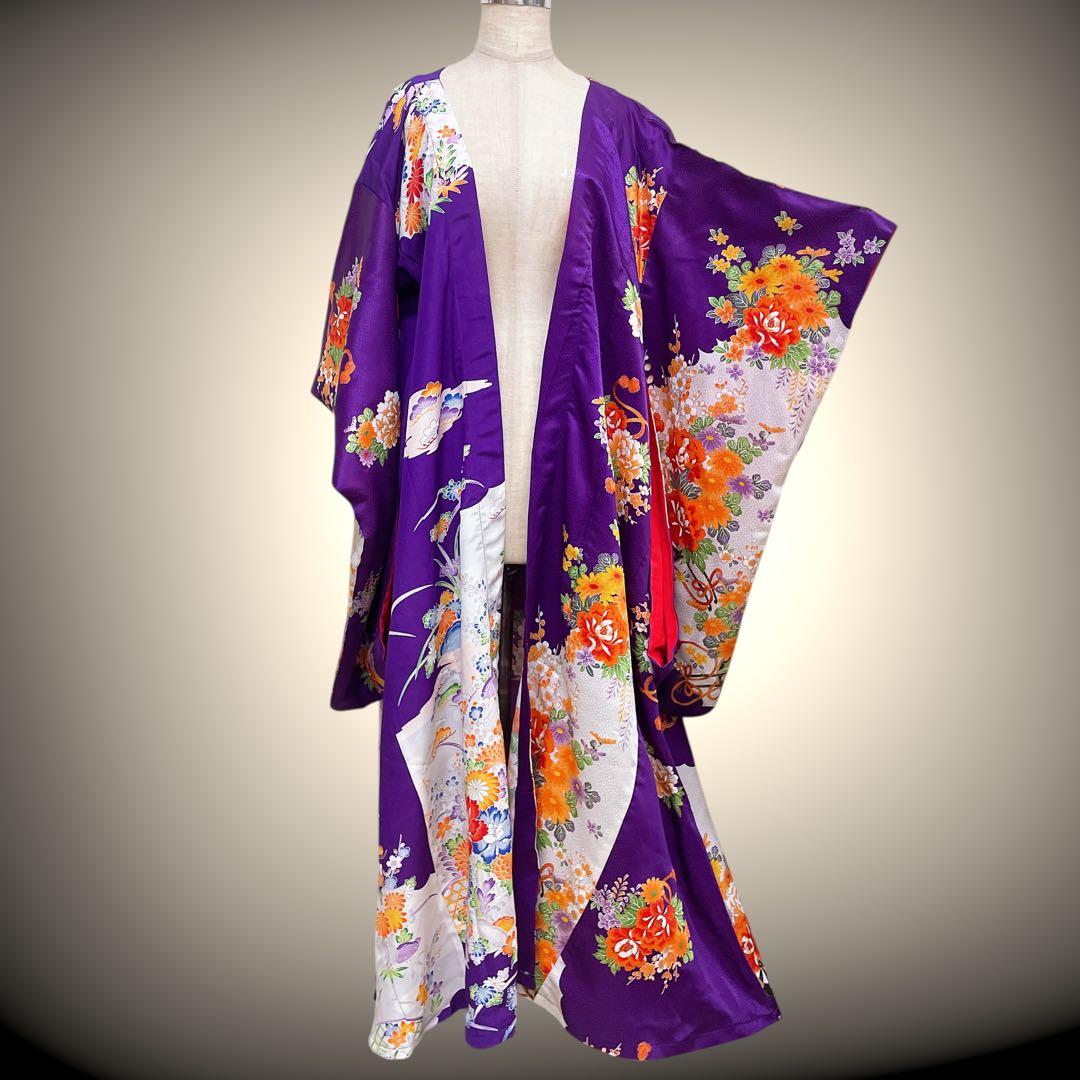 花柄パープル 振袖 着物ガウン 着物リメイク フォーマル 紫 N71118