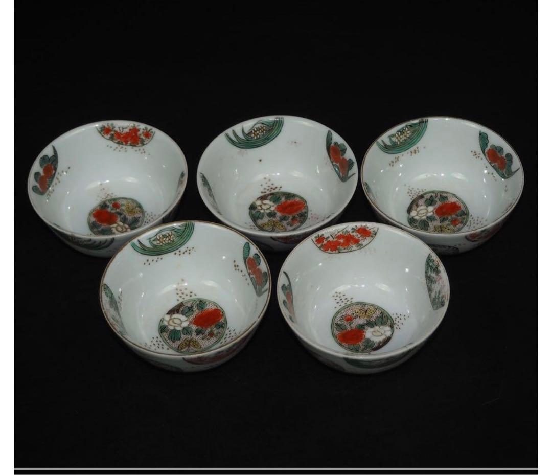 送料無料　江戸期　色絵煎茶碗5客　煎茶道具