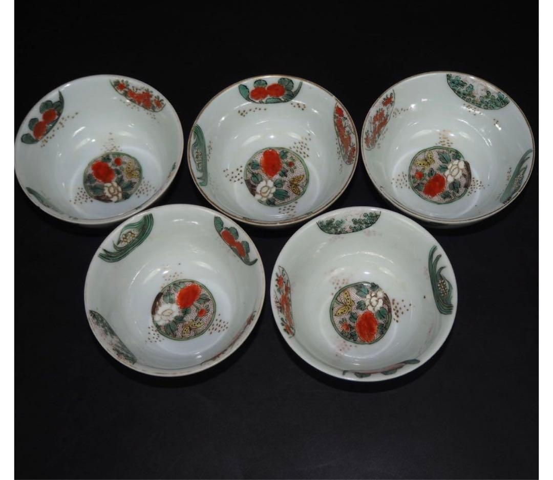 送料無料　江戸期　色絵煎茶碗5客　煎茶道具