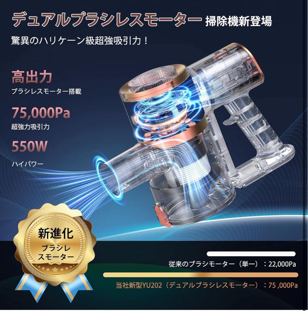掃除機 コードレス75Kpa真の超強力吸引　最軽量2in1置くだけ充電55分稼働