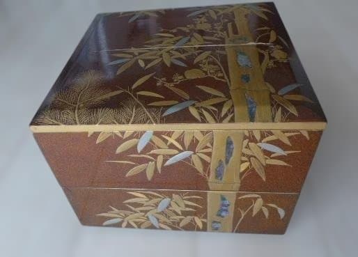 金箔装飾 竹模様 漆器 2段 重箱 木製漆器 時代物 螺鈿 松竹梅 高価な逸品
