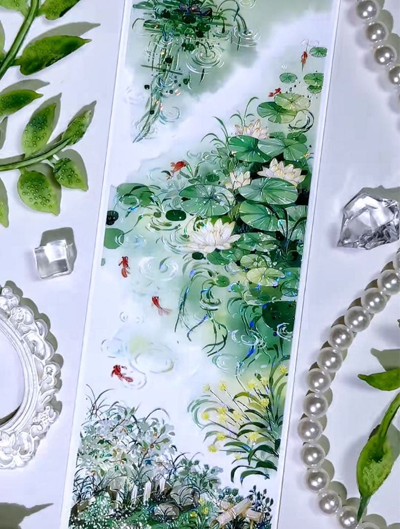 【9422】海外マステ　3/5/巻　貝殻光マスキングテープ　池　金魚　背景装飾系