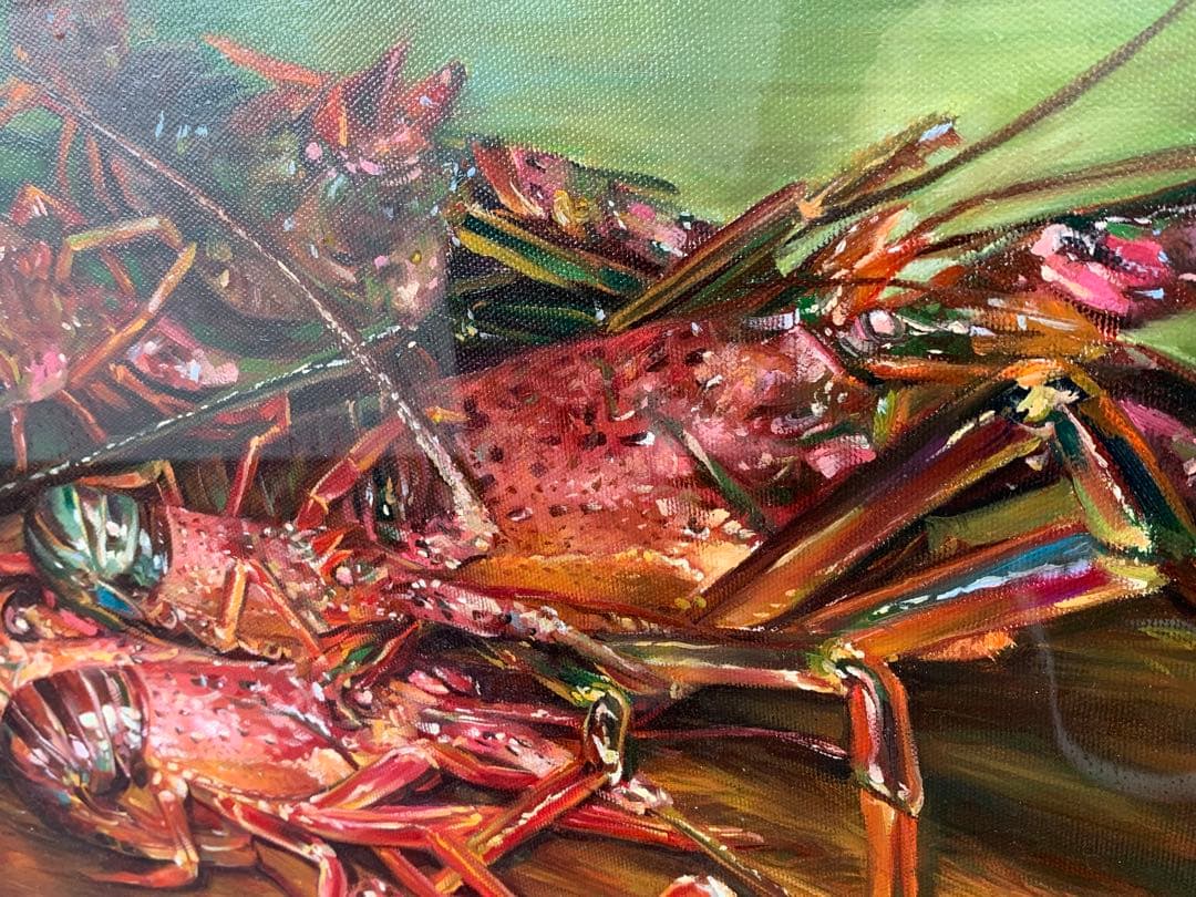 【真作】城本敏由樹 大型 豪華額装『伊勢海老』油彩 8号 額寸75×65㎝ 絵画