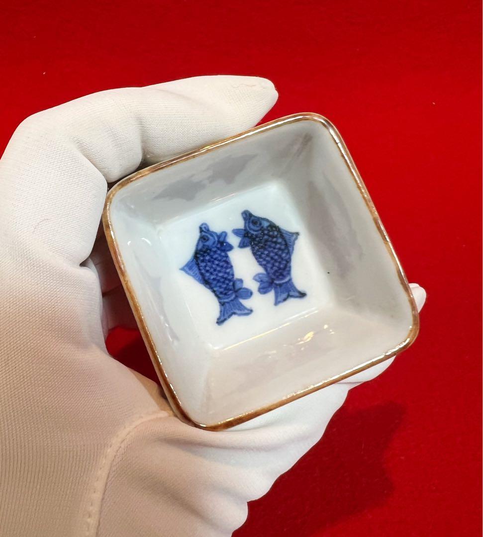 平安竹泉 青花 染付 雙鱼紋樣 四角盃 茶器茶道具