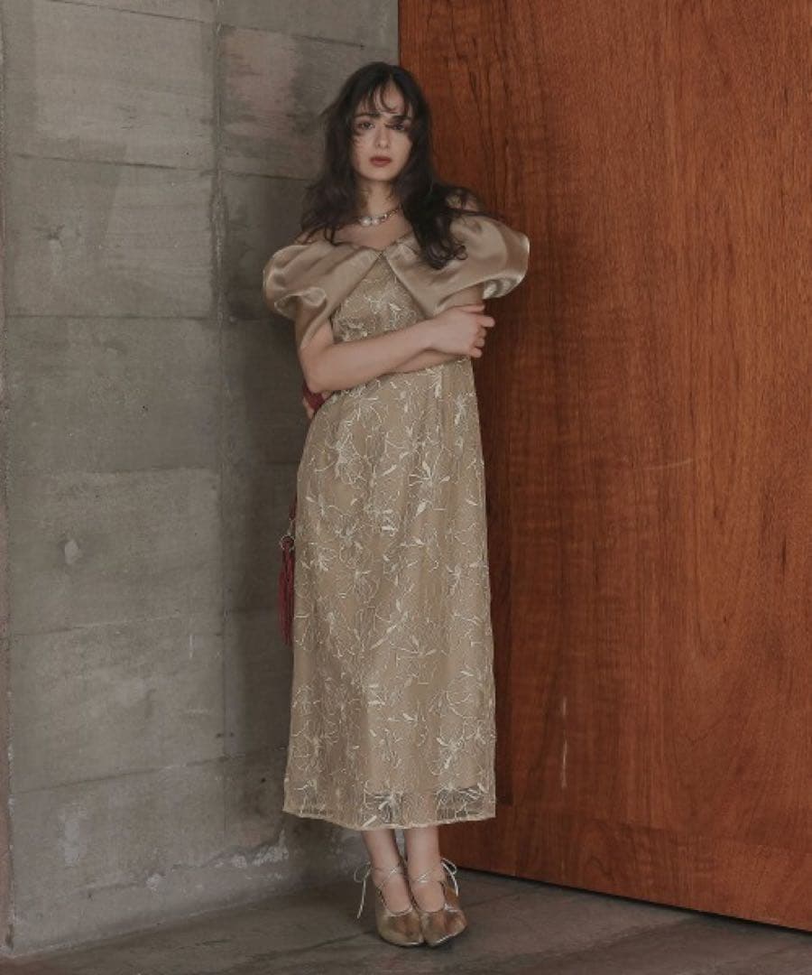 刺繍入りオフショルダーパーティードレス