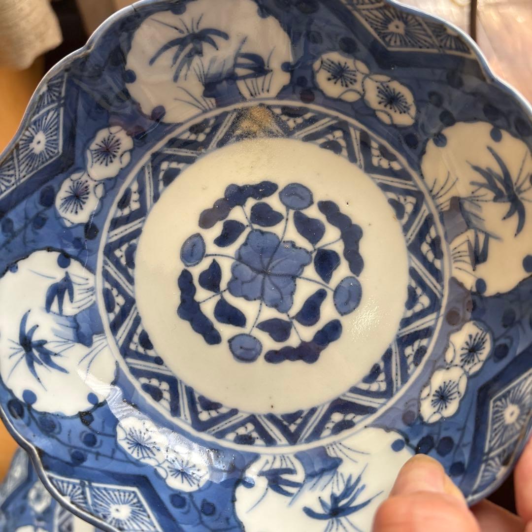 期間限定最終処分特価逸品古伊万里染付なます皿五枚吉祥柄大きめ味わい深いお品物傷無