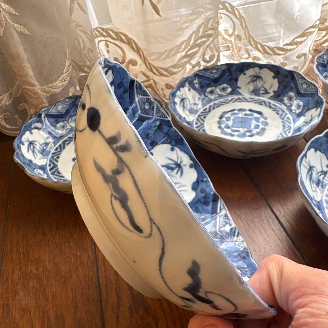 期間限定最終処分特価逸品古伊万里染付なます皿五枚吉祥柄大きめ味わい深いお品物傷無