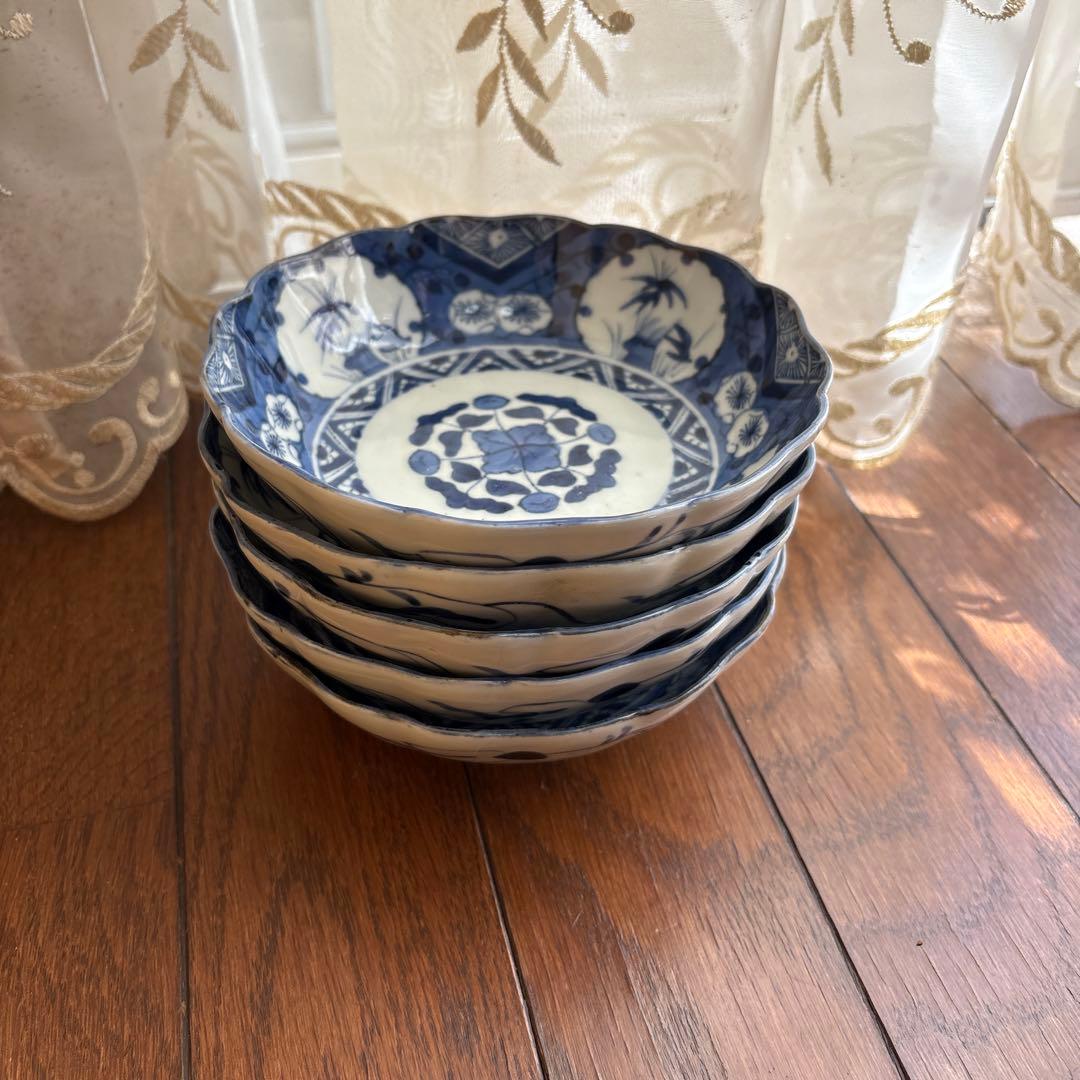 期間限定最終処分特価逸品古伊万里染付なます皿五枚吉祥柄大きめ味わい深いお品物傷無