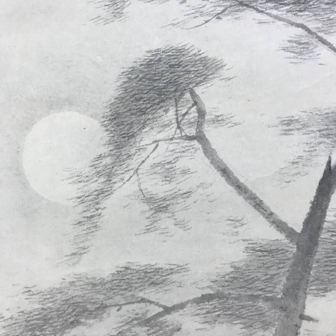 【真作】住千代数/夕月図/大山の松/山水図/鳥取県出身/掛軸☆宝船☆AD-573