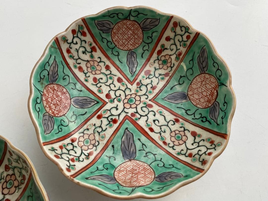 骨董　アンティーク　古伊万里　色絵　花唐草文様　膾皿　なます皿　3枚