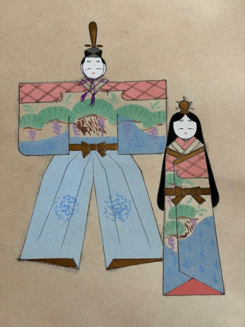 掛け軸 福本積応作 立雛画賛「桃花千歳春」 共箱有り　縁起物 ひな祭り