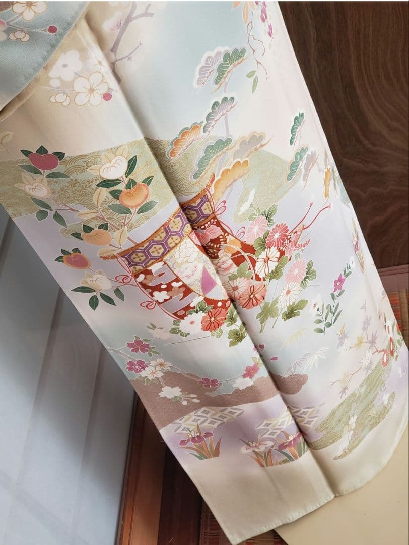 逸品SALE☆【着物帯セット＊】鶸色の古典柄訪問着　トールサイズ　裄68　入学式