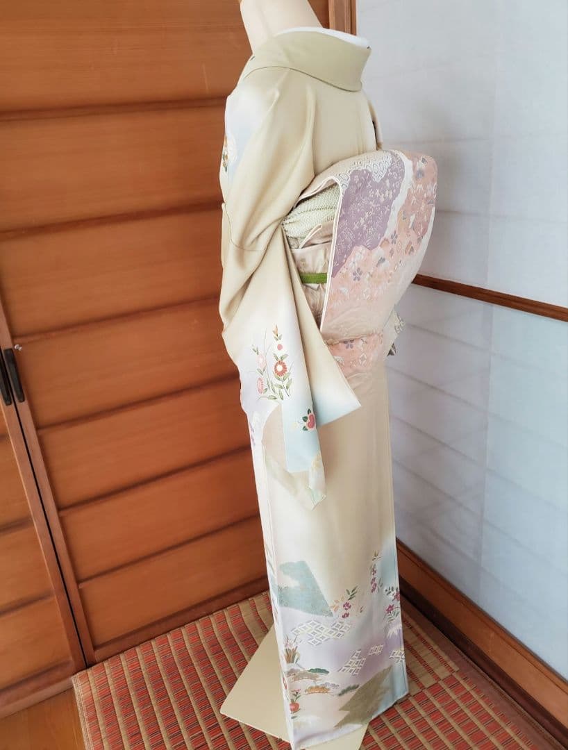 逸品SALE☆【着物帯セット＊】鶸色の古典柄訪問着　トールサイズ　裄68　入学式