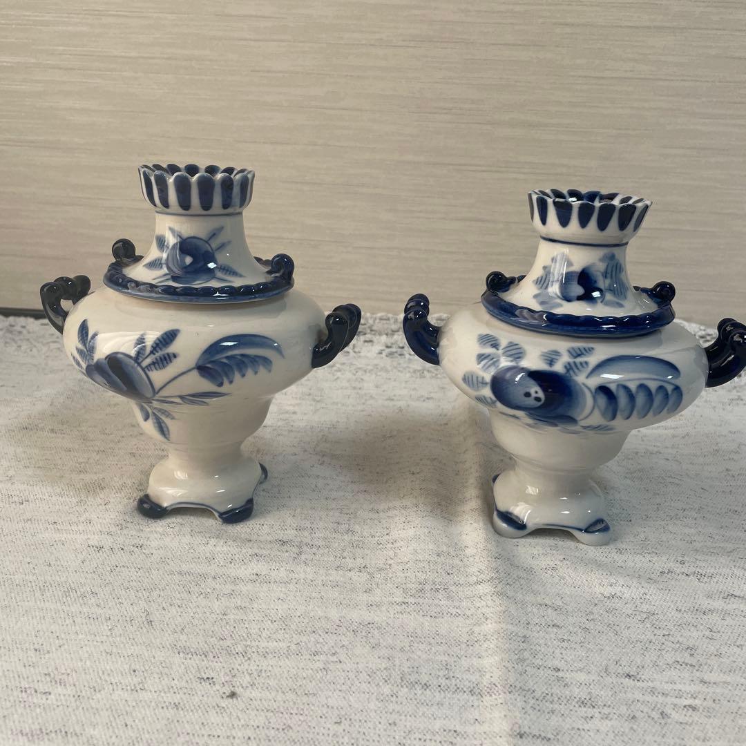 【値下げ】ロシア　グジェリ焼き　陶器 サモワール　ティーポット　ブルー　ペア