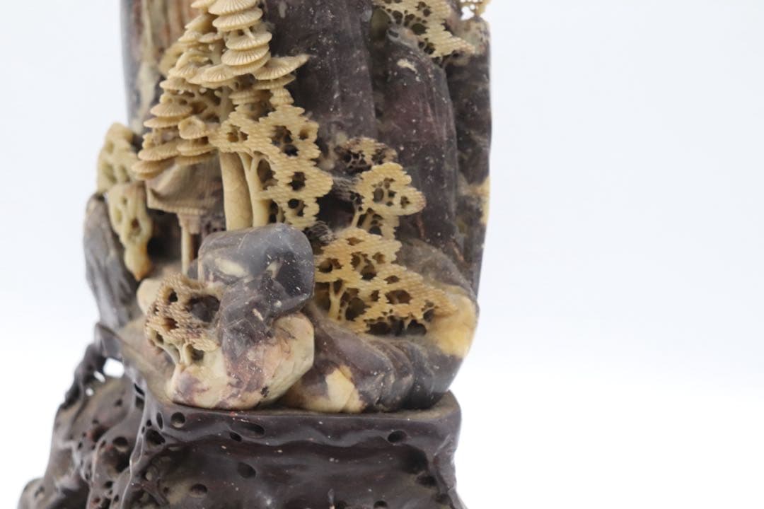 中国　寿山石　山水楼閣彫　置物　送料込み251015