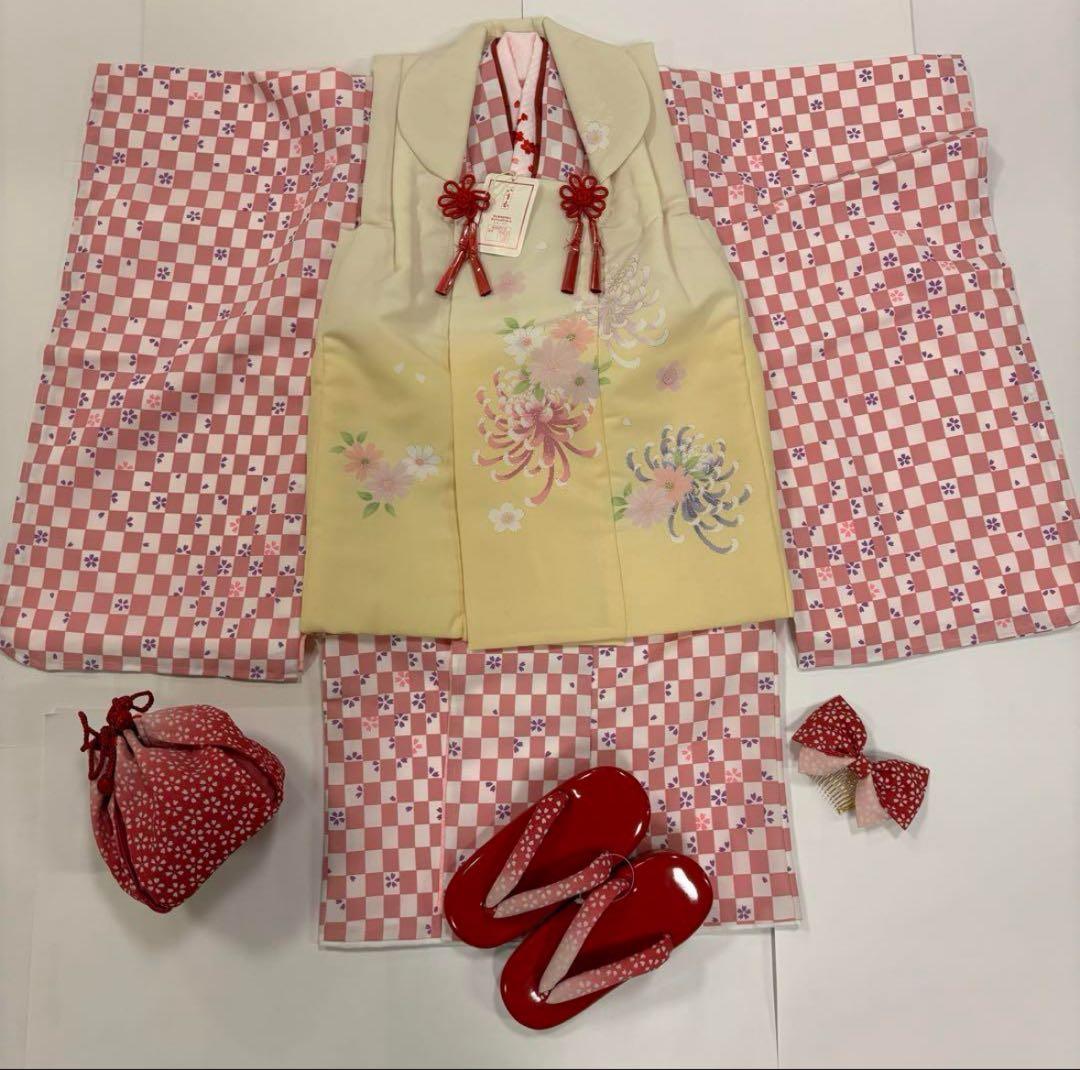 七五三　3歳女の子　着物セット　ピンク市松　紫桜　オフ白　乱菊　クリーム色　新品