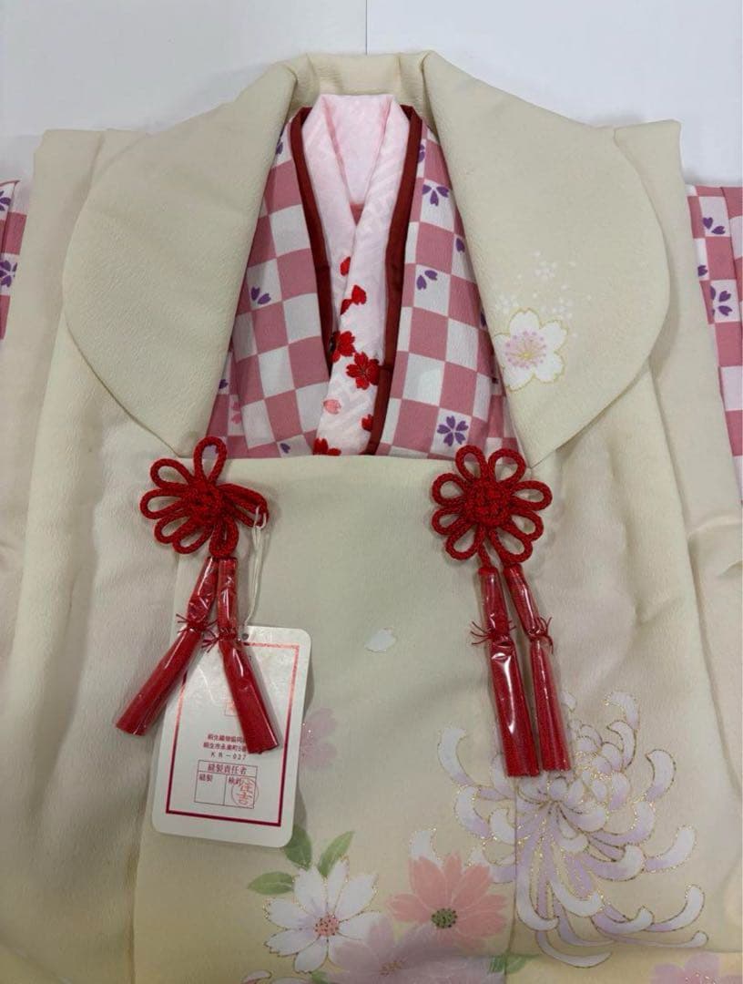 七五三　3歳女の子　着物セット　ピンク市松　紫桜　オフ白　乱菊　クリーム色　新品