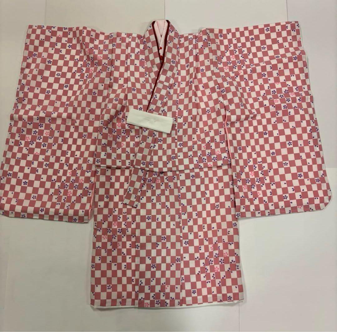 七五三　3歳女の子　着物セット　ピンク市松　紫桜　オフ白　乱菊　クリーム色　新品